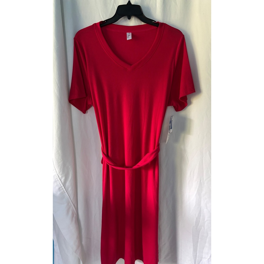 Just Be Red Ribbed Short Sleeve V-Neckβ Midi Belted T-Shirt Dress Womens 2X NWT